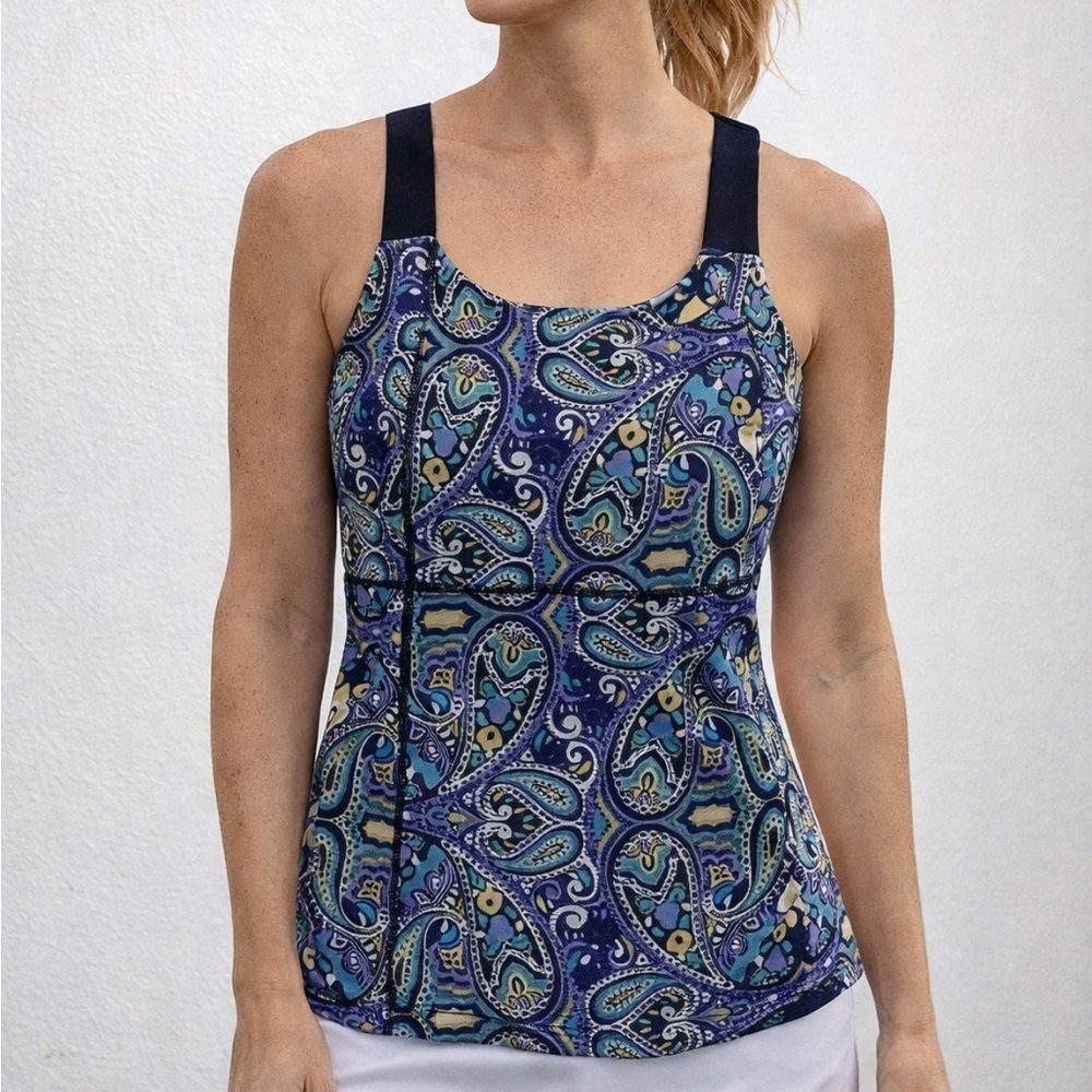 EXCELLENT CONDITION WOMEN’S SIZE 2T ATHLETA PURPLE PAISLEY TANKINI TOP WITH BRA